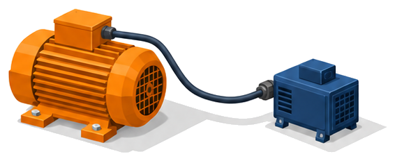 大きなオレンジ色の電動機が、右側の一回り小さな紺色の発電機の箱に太いケーブルでつながれたイラスト