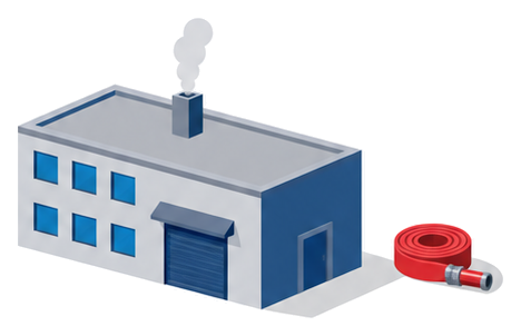 小さな二階建ての工場から薄い煙が上がり、その右に赤いホースが巻かれて置かれたイラスト