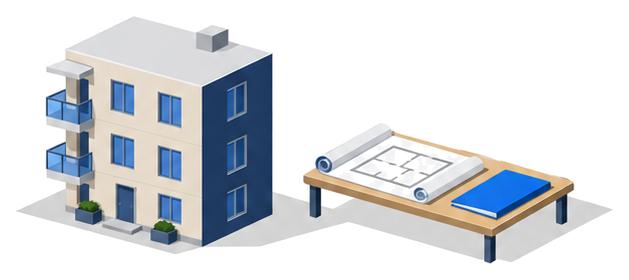 三階建ての小さな集合住宅の右に、丸めた設計図が置かれた低い机が並んだイラスト