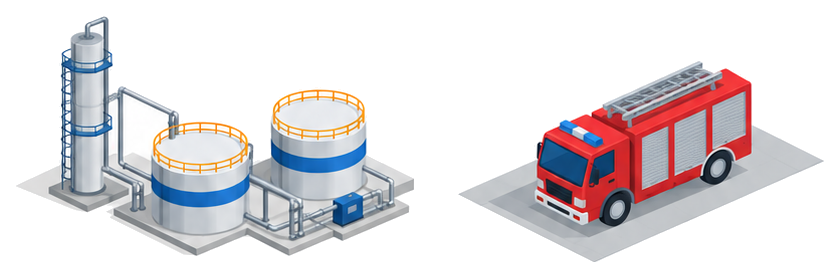化学プラントの右に、消防車が停まった低い敷地が置かれたイラスト