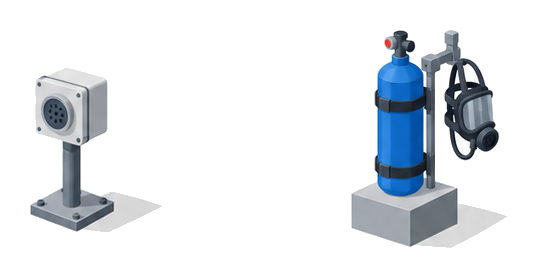 灰色の台に載った検知器の右に、空気ボンベとマスクが置かれたイラスト