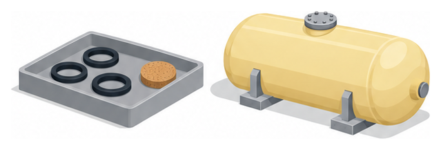灰色の盆にゴムの輪が3つと丸いコルク板が載り、右に黄色い円筒形のタンクが横たわるイラスト