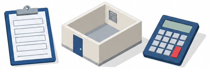 空欄のチェック表の板、小さな部屋の模型、電卓が並んだイラスト