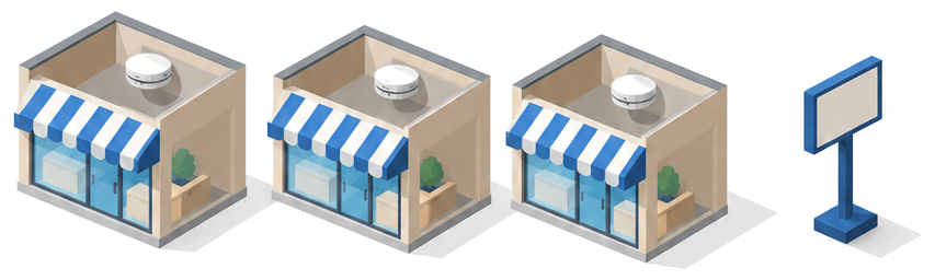 同じ形の小さな店舗が三つ並び、その右に白紙の看板が立つイラスト