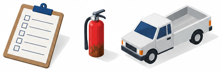 チェック表の右に、下部がさびた赤い消火器と白い軽トラックが並んだイラスト
