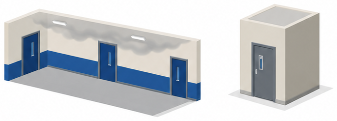 白紙のチェック表と小さな建物の右に、白い封筒が並んだイラスト