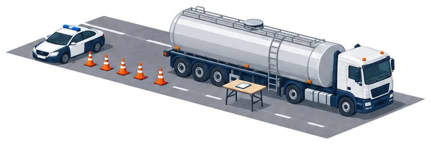 路肩に停まった銀色のタンクローリーの左に、コーンとパトカーが並んだイラスト