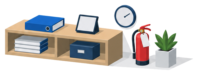 棚の上の白紙のバインダーとタブレットの横に、札の付いた赤い消火器が立つイラスト