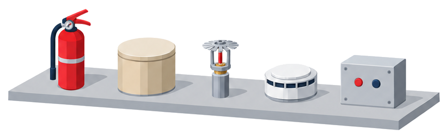 展示台に消火器と薬剤のドラム缶とスプリンクラーヘッドと感知器と制御箱が並ぶイラスト