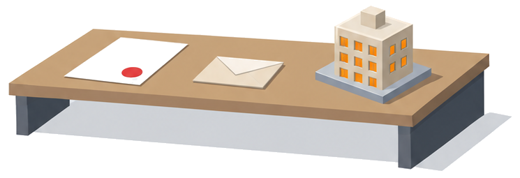 机の上に丸い印の付いた書類と封筒と小さな３階建ての建物の模型が並ぶイラスト