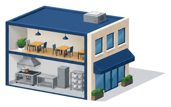 一階に火を使う厨房がある二階建ての飲食店の建物を切り開いたイラスト