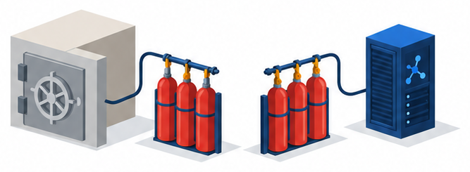 左側の消火剤の一群は銀行のような建物とつながり右側の一群はデータベースの管理棟とつながり別々の仕組みで管理されていることを示すイメージ