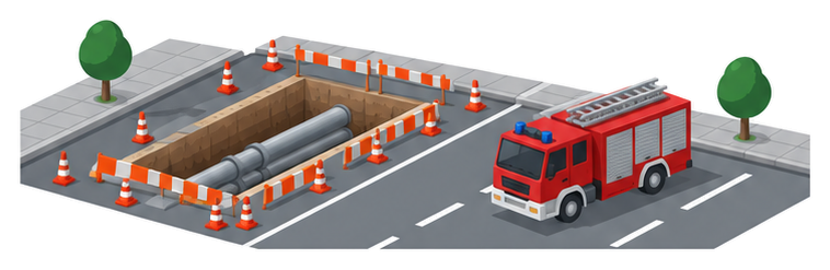 片側車線をコーンで囲った道路工事の横を消防車が通るイラスト