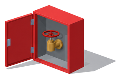 扉を開けた赤い鋼製の箱の中に消火栓弁のハンドルが取り付けられているイラスト