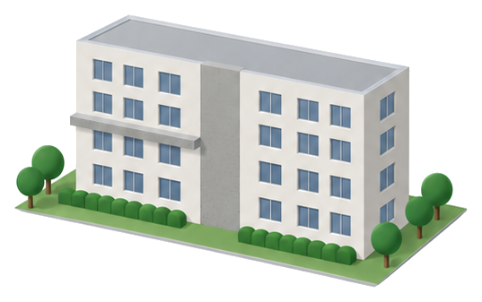 共同住宅の外壁で界壁が当たる部分に窓のない壁の帯とひさしがあるイラスト
