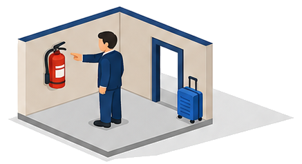 建物内で消火器を確認する担当者とスーツケースを置いた入口のイラスト