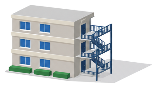 三階建てのコンクリートの建物の側面に各階の扉につながる共用の鉄骨階段が付いているイラスト