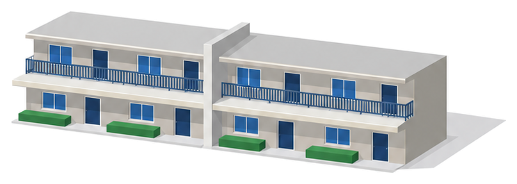 二階建ての共同住宅が厚い区画の壁で左右に分かれ壁がバルコニーと一階の庇の先端まで延びているイラスト