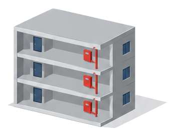 階ごとに屋内消火栓の格納箱がある耐火構造の建物のイラスト