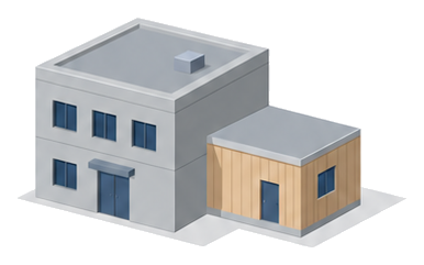 コンクリートの建物の横に木造の平屋がつながった建物のイラスト