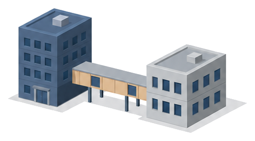 二つの建物を木造の渡り廊下でつないだイラスト