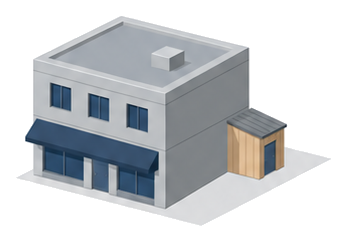 古いコンクリートの店舗の裏に小さな木造の物置が付いたイラスト