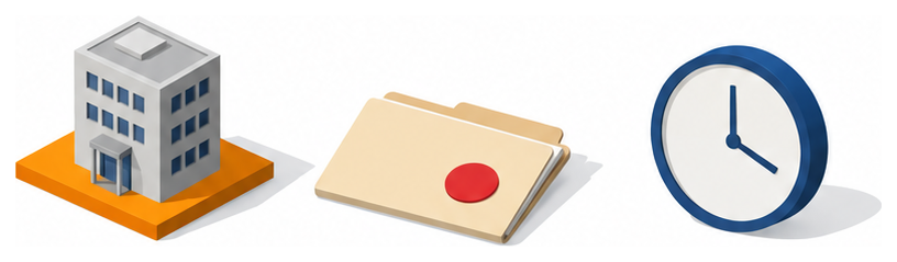 灰色の建物の模型と、赤い印の付いた書類と、壁掛け時計が並ぶイラスト