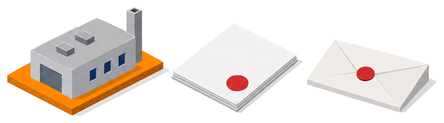 灰色の工場の模型と、赤い印の付いた書類と、赤い封印の付いた封筒が並ぶイラスト