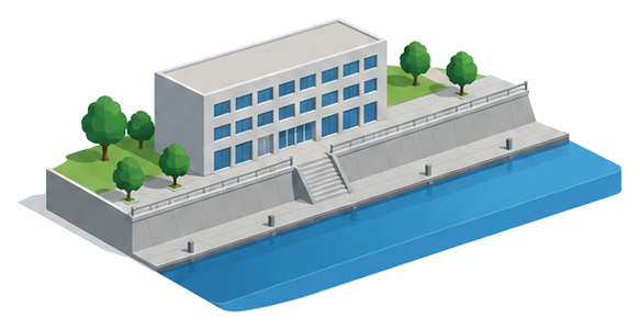 川の護岸の上に建つビルの下に川沿いの細い平らな通路が続いているイラスト