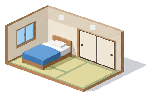 押入の付いた小さな寝室の天井に丸い白い自動消火設備のノズルが付いているイラスト
