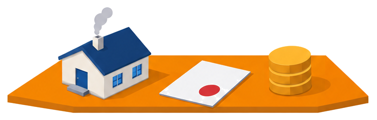 煙の上がる小さな建物と、赤い印の付いた書類と、硬貨の山が並ぶイラスト