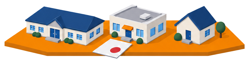 形の違う三つの小さな建物と、白紙の書類が並ぶイラスト
