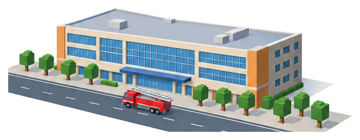大きな窓が並ぶ大型店舗の前の道路にはしご車が止まっているイラスト