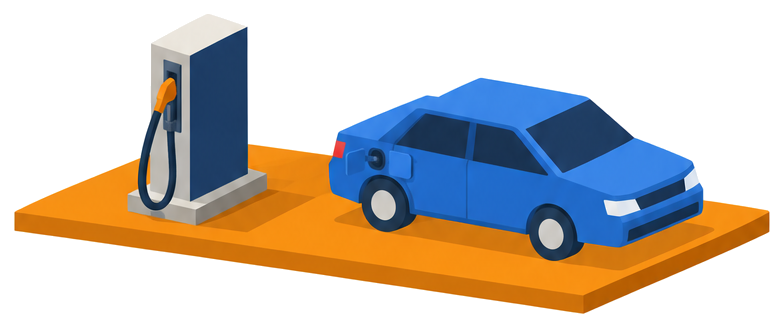 給油機と青い自動車が橙色の台の上に並ぶイラスト