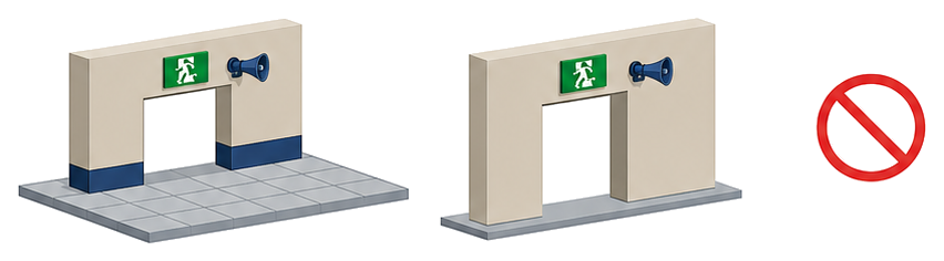 屋外へ通じる出口の誘導灯にスピーカーが付いた壁と廊下の途中の出口に同じものを付けた壁を並べて描いた図