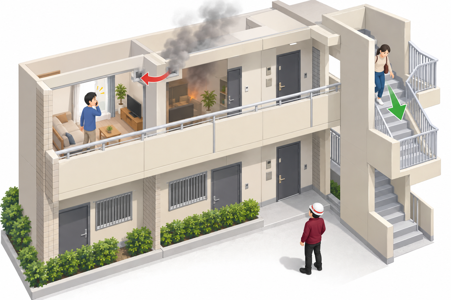 集合住宅で煙の状況を見て安全な屋外階段へ避難する一般的なアイソメ図解