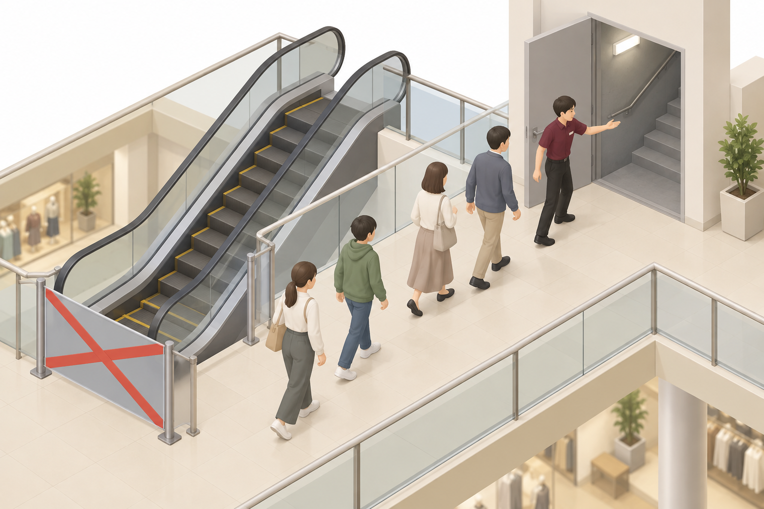 スタッフが商業施設の非常階段へ来館者を案内する一般的なアイソメ図解