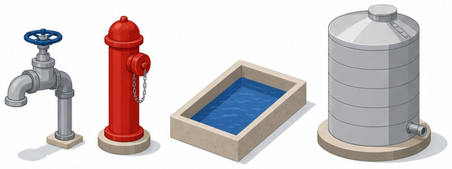 水道と消火栓と貯水池と貯水槽を並べたイラスト