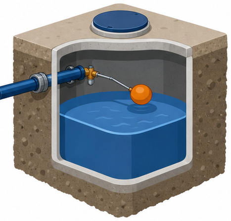 給水管とボールタップの付いた地下水槽の断面のイラスト