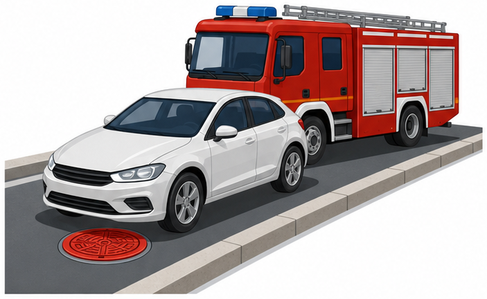 消火栓の蓋の上に駐車した車と後ろの消防車のイラスト