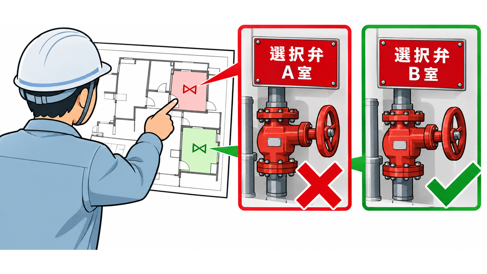 図面と現地の防護区域表示を選択弁と照合する確認