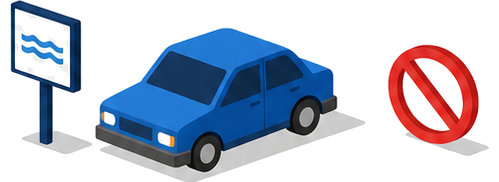 標識の近くに駐車しようとする車に禁止マークが示されている様子