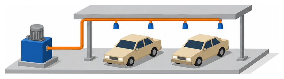 ポンプから伸びた配管が天井の噴霧ヘッドにつながりその下に2台の車が止まっているイラスト