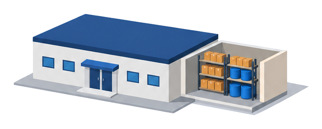 防災用の備蓄品を並べた倉庫スペースと隣に建つ建物のイラスト