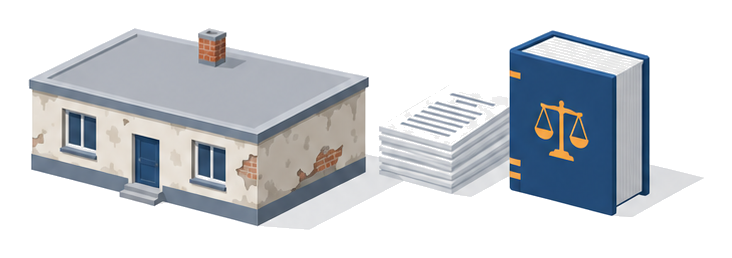 古い建物の隣に新しい規制の書類が積まれている様子のイラスト