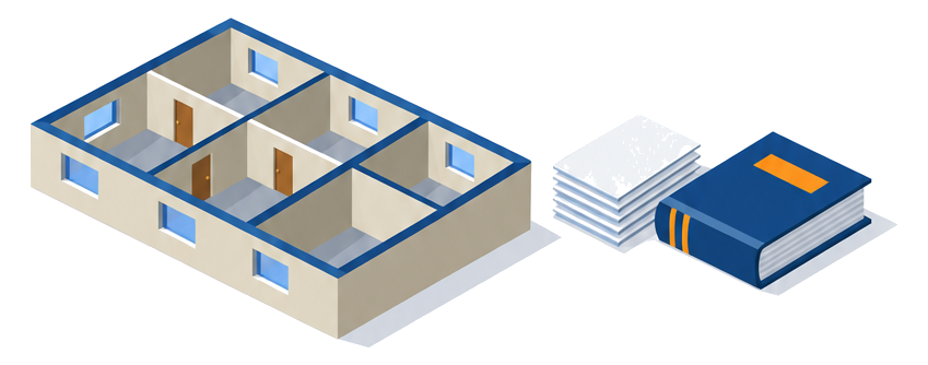 窓のない部屋が一つある建物と規制の書類が積まれている様子のイラスト