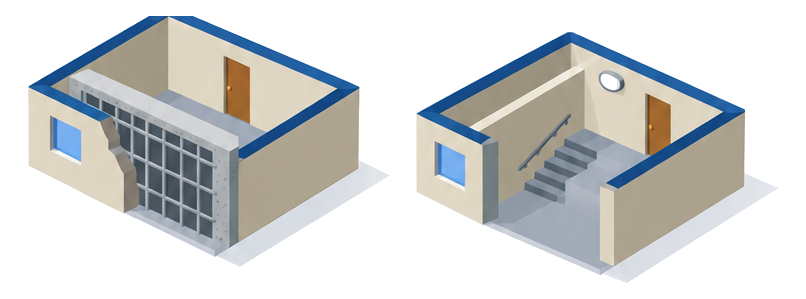 壁の構造を強化した建物と廊下や階段の設備を備えた建物を比べたイラスト