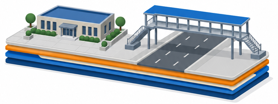 道路沿いの建物と屋根付き歩廊に色分けされた書類が積まれている様子のイラスト