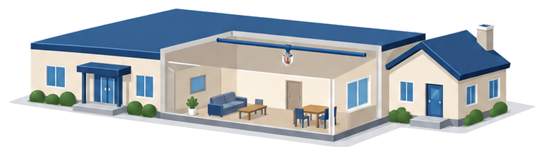 住宅部分が併設された施設にスプリンクラー設備が設置されている様子のイラスト