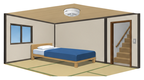 仮設住宅の室内の天井に住宅用火災警報器が設置されている様子